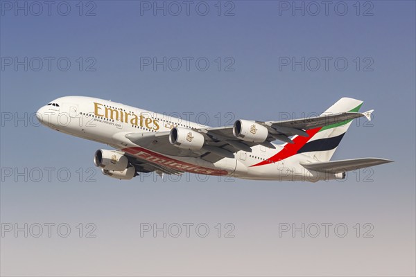 An Emirates Airbus A380-800 aircraft with the registration number A6-EEE at the airport in Dubai,