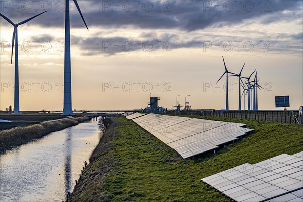 Solar park on the Slaperdijk dyke near the Eemshaven, test project, 17, 000 solar modules were