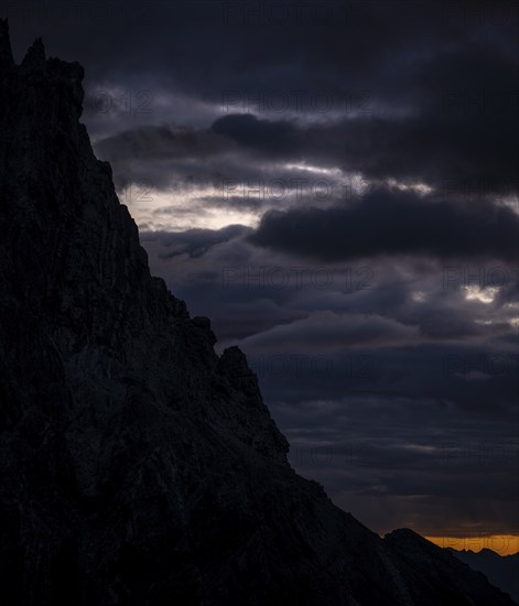 Montafon mountains with dramatic cloudy sky at sunrise, Tschagguns, Rätikon, Montafon, Vorarlberg,