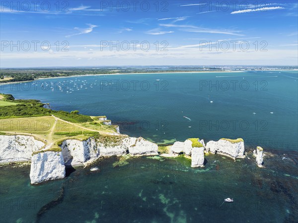 White Cliffs of Old Harry Rocks Jurassic Coast from a drone, Dorset Coast, Poole, England, United