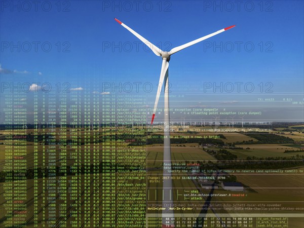 Symbolic image Critical infrastructure, blackout risk, cyberterrorism, wind farm near the East