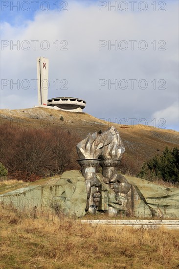 Burning torch sculpture Buzludzha monument former communist party headquarters, Bulgaria, eastern