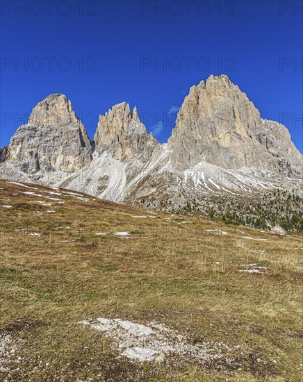 Wide meadow landscape in front of an impressive mountain backdrop on the Sella Pass under a clear