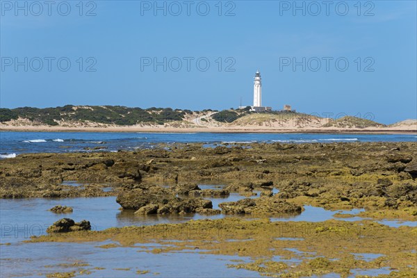 A lighthouse stands on a rocky coast with a blue sky and calm sea in the background, Faro de