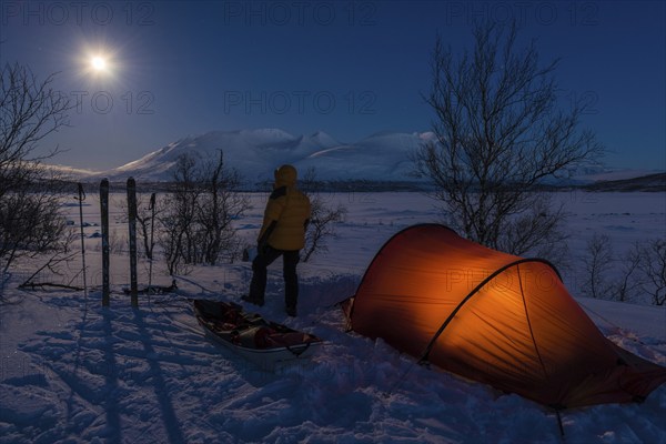 Tent in mountain landscape, Sarek National Park, World Heritage Laponia, Norrbotten, Lapland,