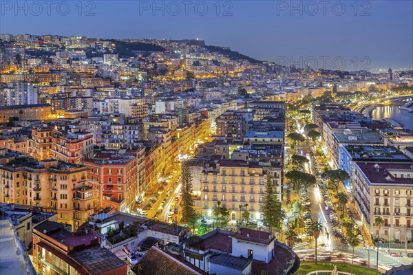 Western district of Mergellina by the sea with the Vomero at dusk, Naples, Gulf of Naples,