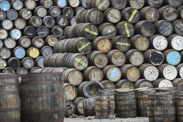 Huge stacks of discarded whisky casks, barrels at Speyside Cooperage, Craigellachie, Aberlour,
