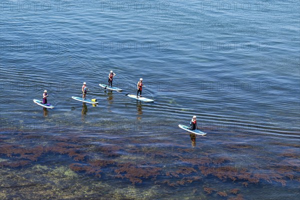 People on paddleboards, White Cliffs. Old Harry Rocks Jurassic Coast, Dorset Coast, Poole, England,