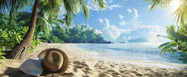 Beach scene with a straw hat, beach bag. Summer vacation, palm trees and ocean in the background,