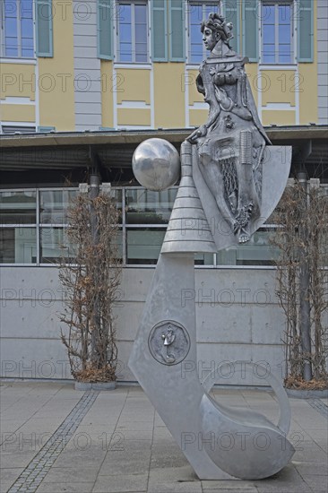 Sculpture Fortuna by Jürgen Goertz 2012, female figure, sitting, sphere, modern, abstract, bizarre,