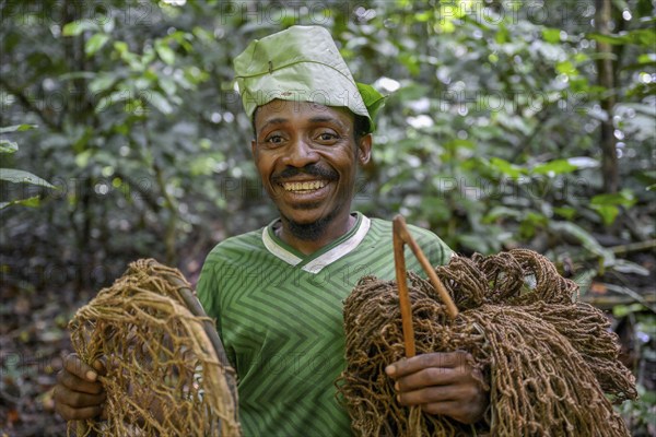 Pygmy of the Baka or BaAka people with his traps and hunting nets in the forest, Dzanga-Sangha