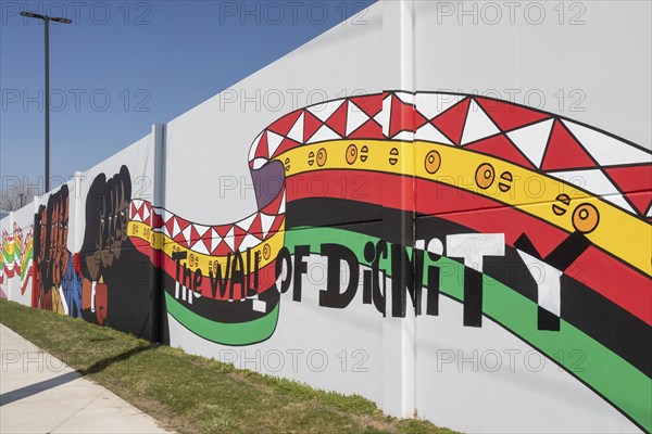 Detroit, Michigan, Detail of a mural that stretches for several blocks, by artist Hubert Massey.