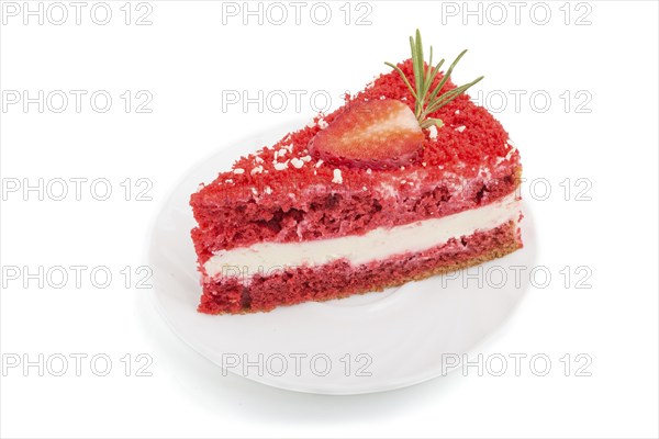 Homemade red velvet cake with milk cream and strawberry isolated on white background. side view,
