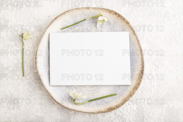 White paper invitation card, mockup with galanthus snowdrop flowers on ceramic plate and gray