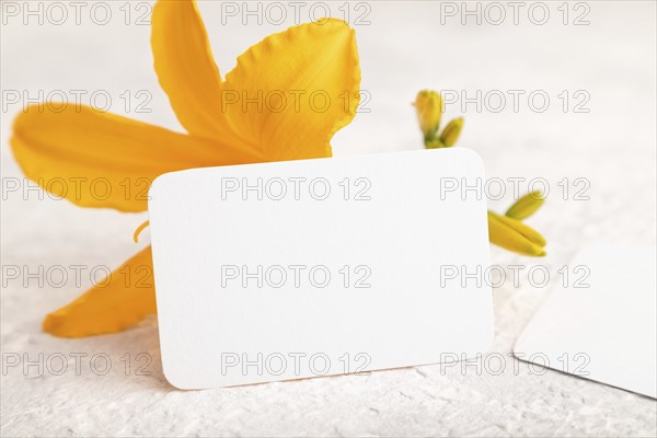 White paper business card mockup with orange day-lily flower on gray concrete background. Blank,