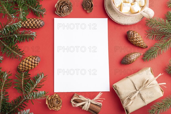 Christmas or New Year frame composition, template. Decorations, box, cinnamon, cones, fir and