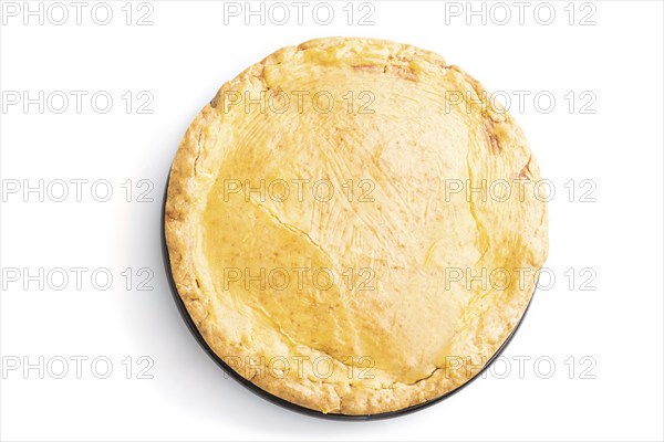 Autumn onion pie and cup of coffee isolated on white background. Top view, flat lay, close up