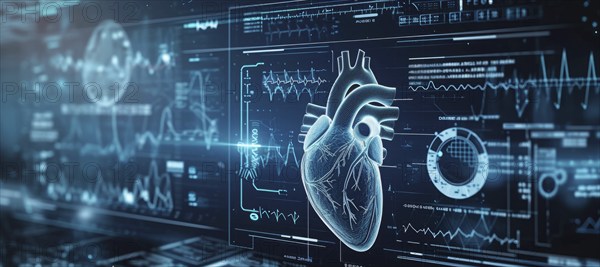 Hearth health cardiology concept with display that shows science research for heart diseases, AI