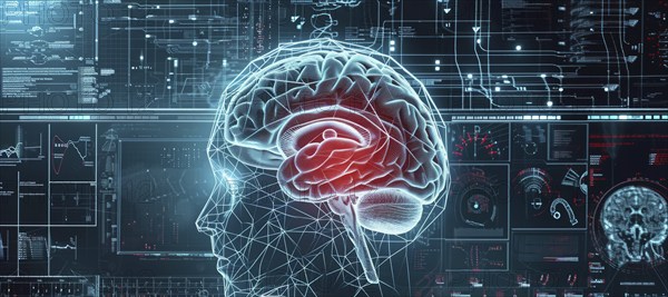 Concept of neural science, brain computer AI interface, scan, brain neurology and neural network,
