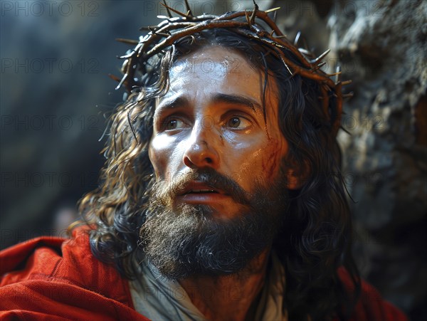 Jesus Christ on the cross on the way to his crucifixion on Via Dolorosa in Jerusalem, AI generated