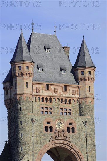 Bridge tower of the Nibelungen Bridge, Worms, Rhineland-Palatinate, Germany, Europe