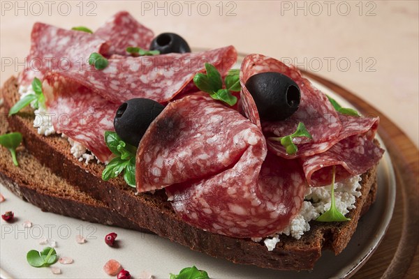 Sandwich, grain bread, with cream cheese and salami, black olives, micro-greens, top view,