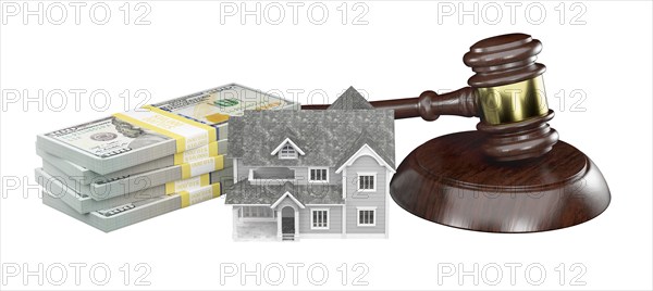Miniature house with stack of money and wooden gavel isolated on a white background