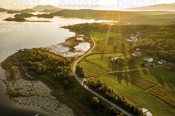 Aerial view over the fjord Efjord south of Narvik, seen at sunset, Norway, Europe