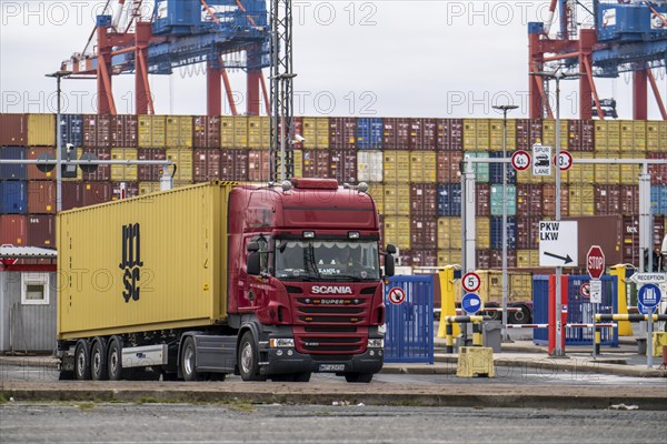 Entry and exit for container lorries, to the MSC container terminal in the seaport of Bremerhaven,