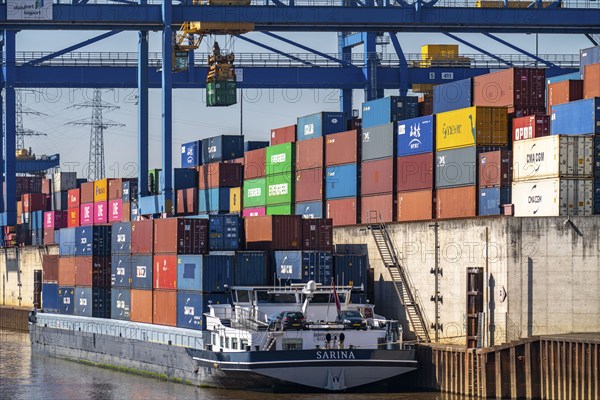 Container cargo ship in the harbour basin of the Logport, gantry cranes in the Container Handling