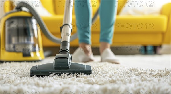 A woman is vacuuming a carpet in a living room. Apartment cleaning service, AI generated