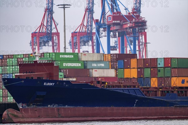 Port of Hamburg, HHLA Container Terminal Burchardkai, Athabaskakai, on the Elbe, container feeder