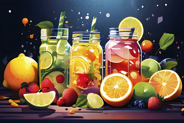 Abstract wallpaper of smoothie surrounded by an assortment of fruits and vegetables, AI generated