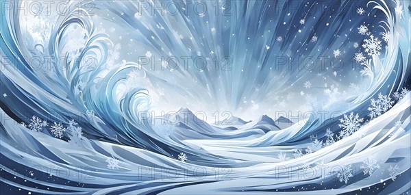 Abstract illustration of dreamy, icy landscape with swirling blues, whites, and silvers, evoking