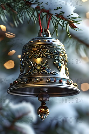 Vintage Christmas bell ornament hanging on a snow-dusted evergreen branch, capturing the intricate