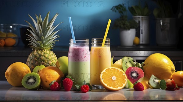 Smoothie surrounded by an assortment of fruits and vegetables, AI generated