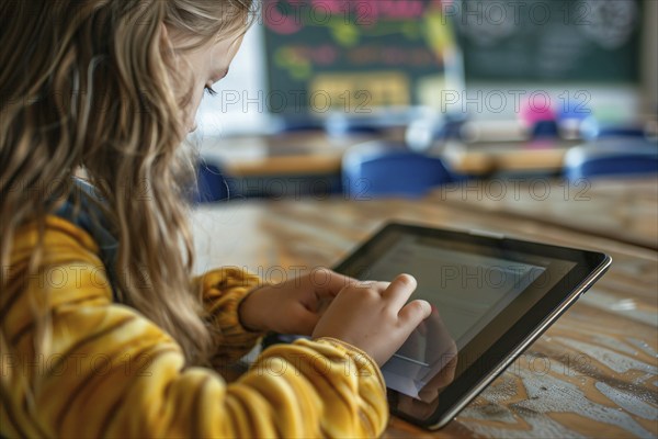 Young girl child learning with digital tablet notebook on in school. Concept for modern technology