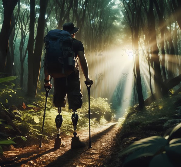 A man with an amputated leg and prosthesis walks through the forest, symbolic image people with