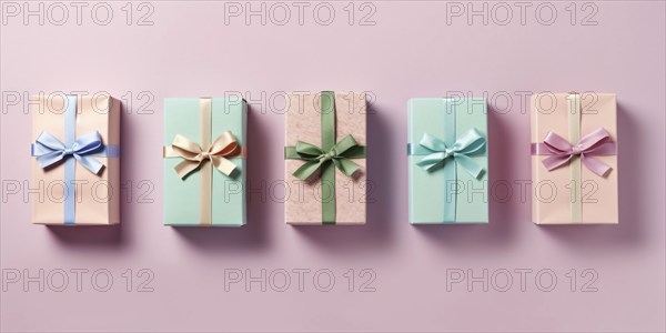 Top view of many small pastel colored gift boxes in a row on pink background. KI generiert,