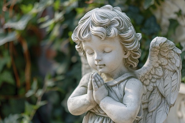 Close up of praying angel child statue at cemetery, KI generiert, generiert AI generated