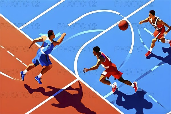 Abstract digital render of olympic basketball players morphing into fluid shapes of french tricolor