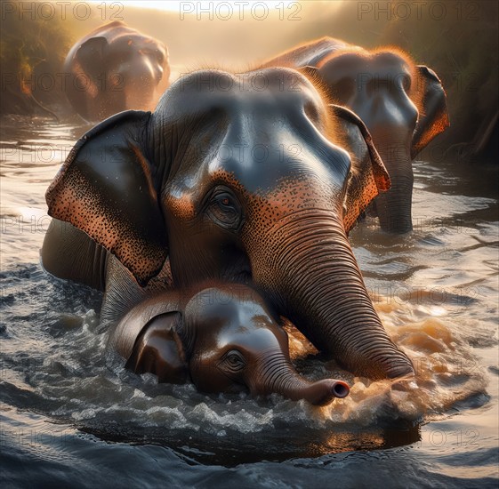 Asian elephant (Elephas maximus), young animal and elephant cow bathing in a river, AI generated,