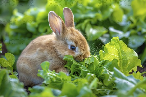 Cute bunny eating salad in garden. KI generiert, generiert, AI generated