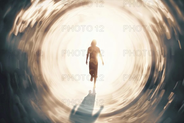 A person walks through a tunnel into the light, symbolic image for near-death experience, death,