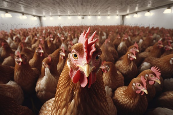 Many brown chickens in stable without space. Concpet for intensive animal farming. KI generiert,