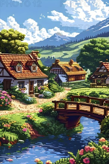 Pixel art illustration of a cozy village in summer with vibrant green roofs and blooming flowers,
