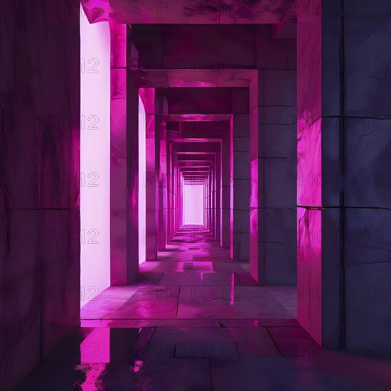 Windows aligned within an elongated tunnel permeated with gradients of magenta hues, AI generated