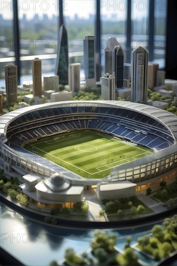Scale model of soccer stadium on a polished conference table, AI generated