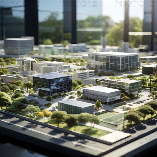 Scale model of a solar park on a polished conference table, AI generated