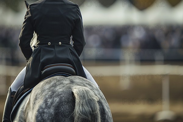 Person riding horse in dressage sports competition. Generative AI, AI generated